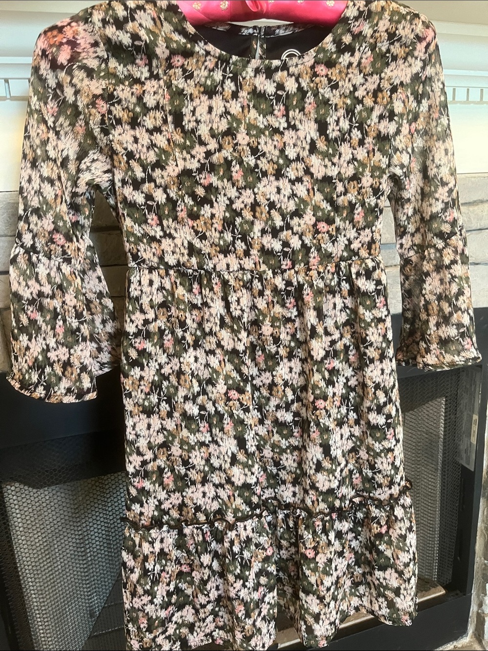 Floral Tiered Long Sleeve Dress - Olive Green with Pink & Cream Flowers